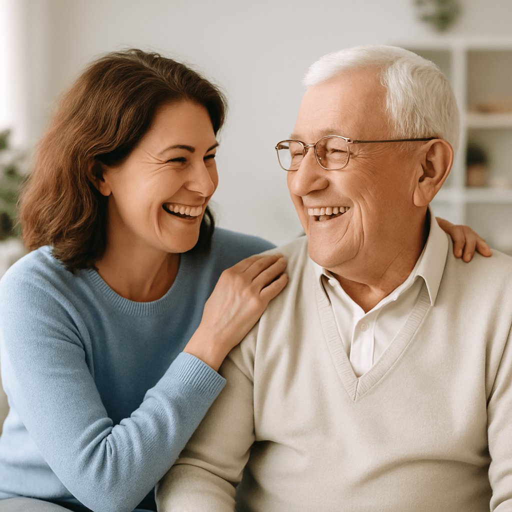 Caregiver con padre anziano felici